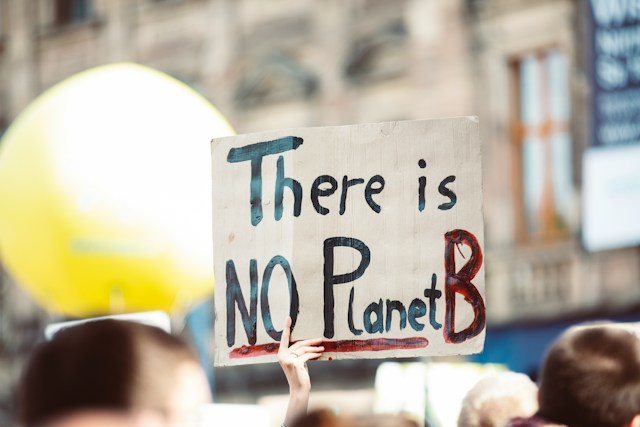 Das Foto zeigt ein Plakat, dass auf einer Demonstration in die Höhe gehalten wird. Darauf steht: "There is no Planet B".